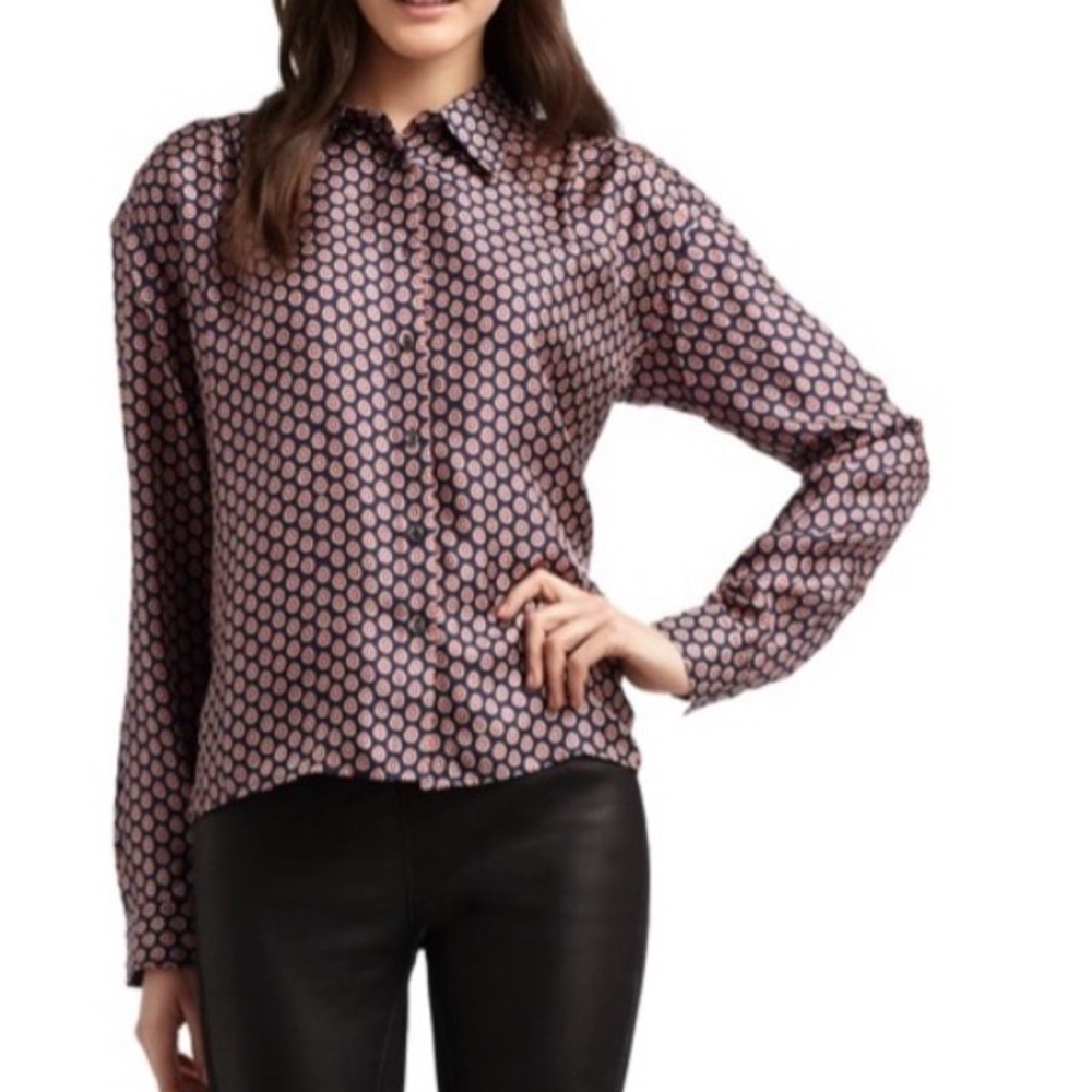 Elizabeth and James Navy Blouse with Red Floral Pattern Silk Long Sleeve  Top XS